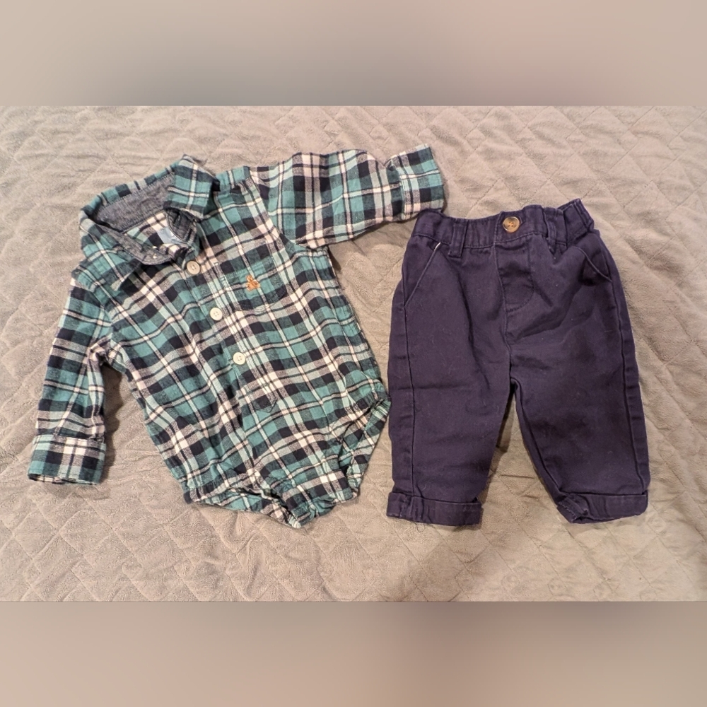 GAP 3-6M Baby Plaid Onesie and Dark Pants Set